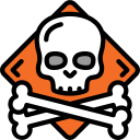 Skull and crossbones icon over a warning sign, symbolizing the data loss risks of DIY hard drive recovery attempts